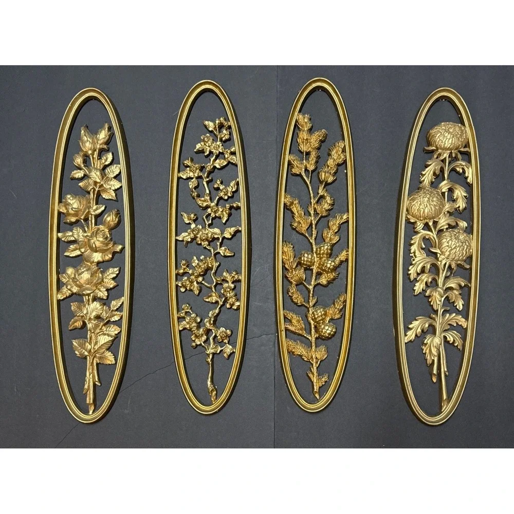 Vintage Burwood Four Seasons Floral Wall Plaques Set 4 Gold MCM 21.5